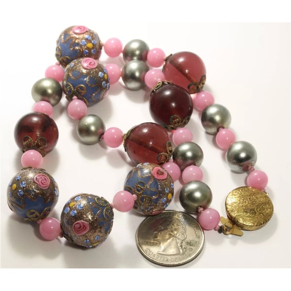 RARE Large Venetian Wedding Cake pink-Purple handmade Glass Bead Necklace 18” - Picture 5 of 15